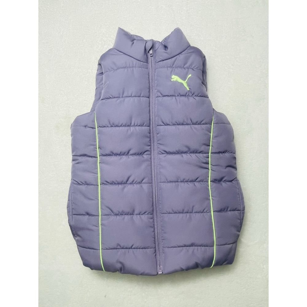 Girls PUMA Puffer Vest Size 5 Purple with Neon Green Logo